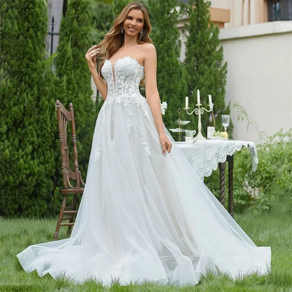 Popular Strapless V-neck 3D Flower Lace Applique A Line Wedding Dresses Sweep Train Custom Made 2025 Vestido De Noival