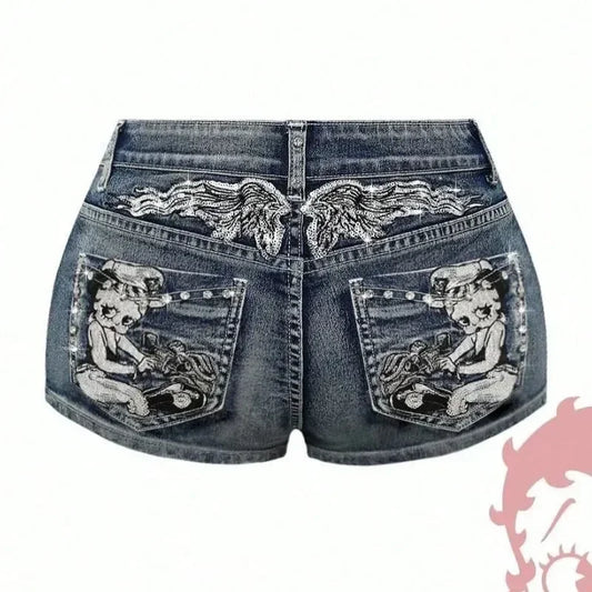 Kawaii cartoon character pocket embroidery high-quality slim denim shorts for women summer nightclub hip design casual y2k short
