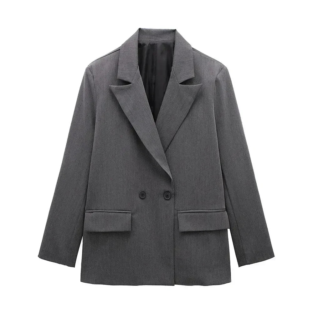 Willshela Women Fashion With Pockets Solid Double Breasted Blazer Vintage Long Sleeves Notched Neck Female Office Lady Outfits