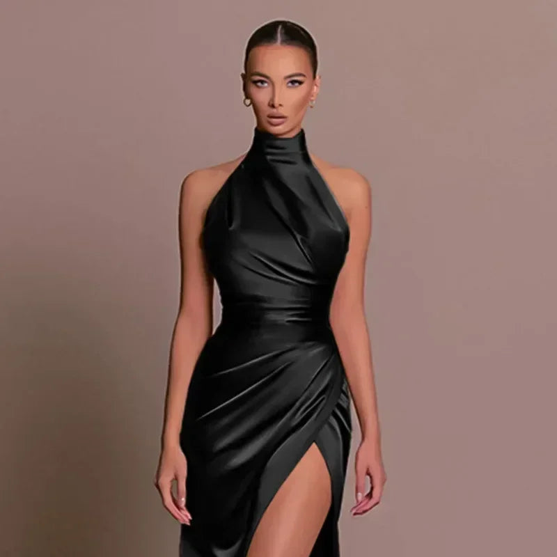 Ladies Summer Satin Evening Birthday Party Dresses Women Sleeveless Backless Halter Side Slit Elegant Long Dress Mowan Clothes