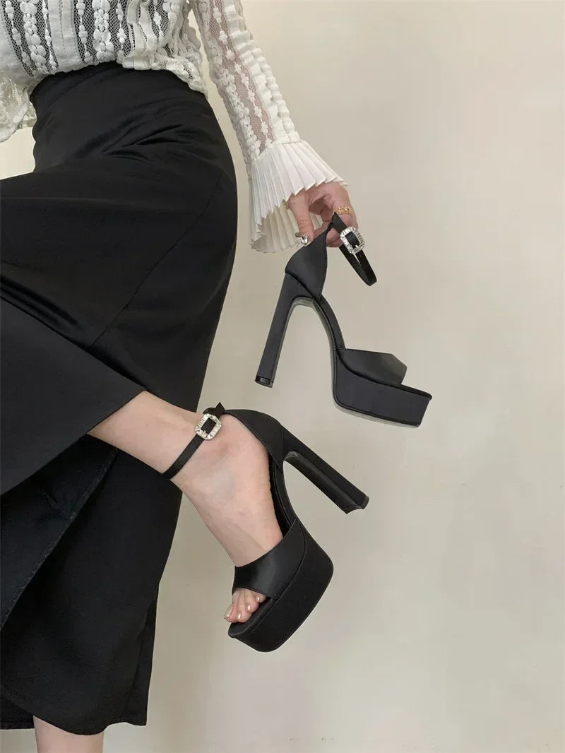 Liyke Runway Style Black High Heels Platform Sandals For Women Cozy Silk Square Toe Buckle Strap Lady Party Dress Shoes Size 40
