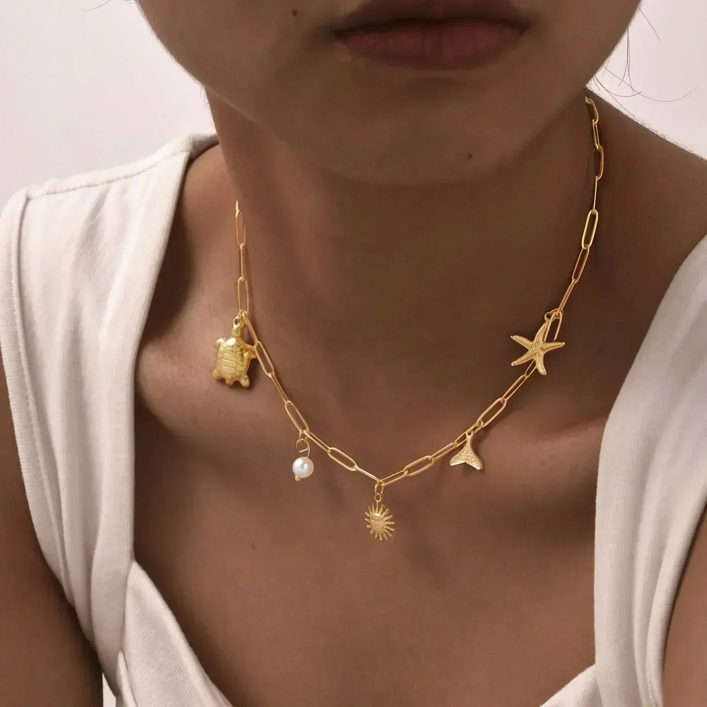 18k Gold Plated Pearl Shell Conch Starfish Summer Beach Necklace, Charms Necklace for Women,Stainless Steel Waterproof Jewelry