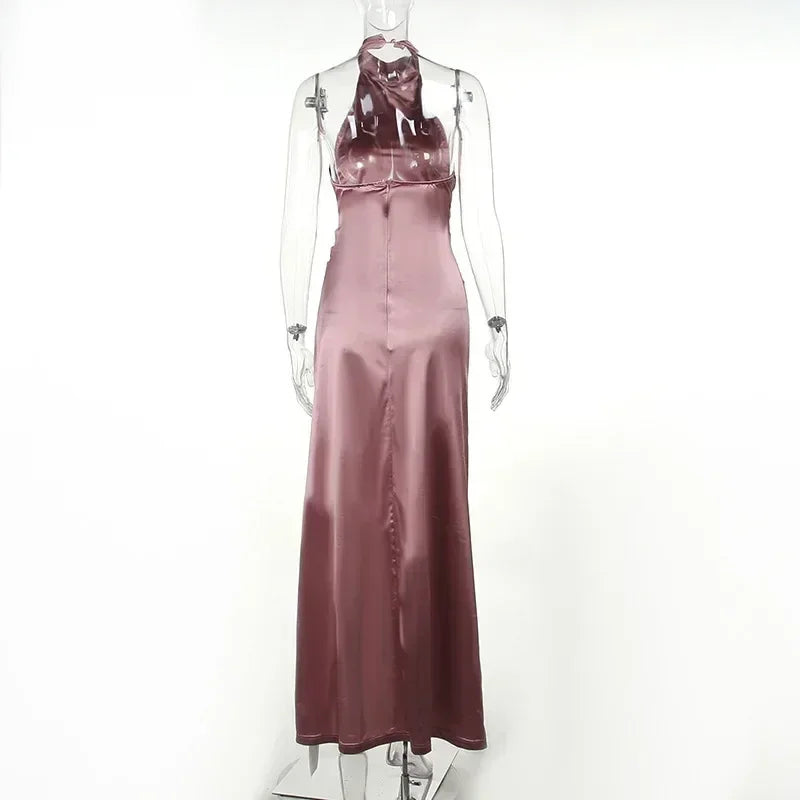 Ladies Summer Satin Evening Birthday Party Dresses Women Sleeveless Backless Halter Side Slit Elegant Long Dress Mowan Clothes