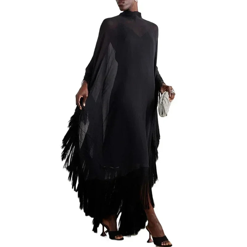 Yeezzi 2025 New Spring Fashion See-Through Tassel Party Dresses Women Batwing Sleeves Solid Color High-Neck Two Piece Set Dress