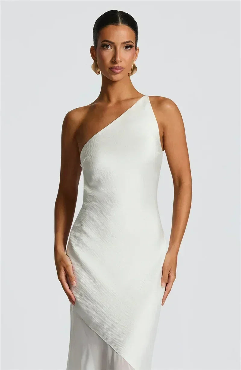 Mozision One Shoulder Backless Sexy Maxi Dress Women Gown Fashion Patchwork Sleeveless Bodycon Club Party Long Dress Elegant