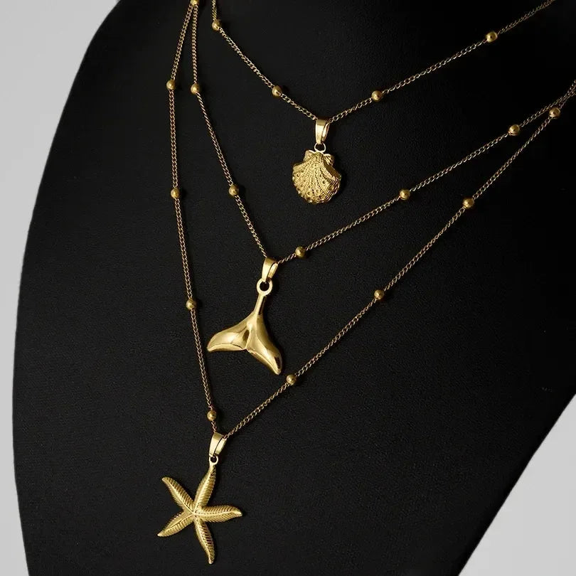 1Pc Temperament Fashion Summer Beach Blue Marine Life Sea Horse Shell Turtle Mini Fish Bead Necklace Classic Clavicle Chain