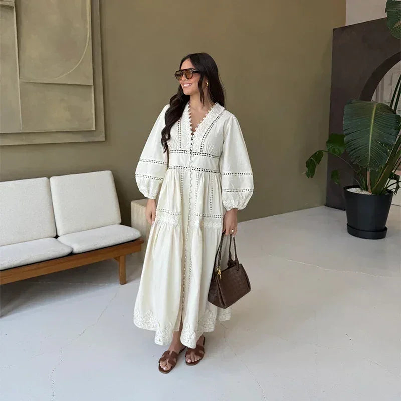 Elegant Lace Patchwork Hollow Out Dress Women Solid V-neck Long Lantern Sleeve Loose Dresses 2025 Spring Vacation Lady Robes