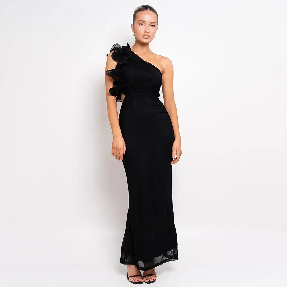 Articat Elegant Sleeveless Slant Shoulder Flower Dress Women Spring/Summer 2025 Sexy Mesh Wrap Hip Dress Party Evening Dress