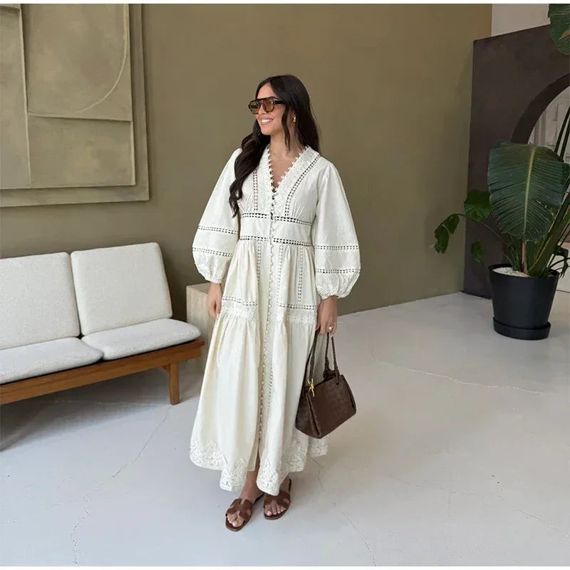 Elegant Lace Patchwork Hollow Out Dress Women Solid V-neck Long Lantern Sleeve Loose Dresses 2025 Spring Vacation Lady Robes
