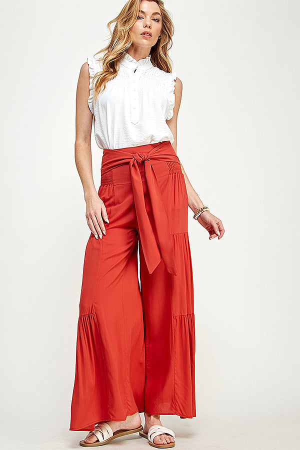 SB0217-(SMLXL:1111=4pcs)-WOVEN SMOCKING WAIST LONG PANTS-$13