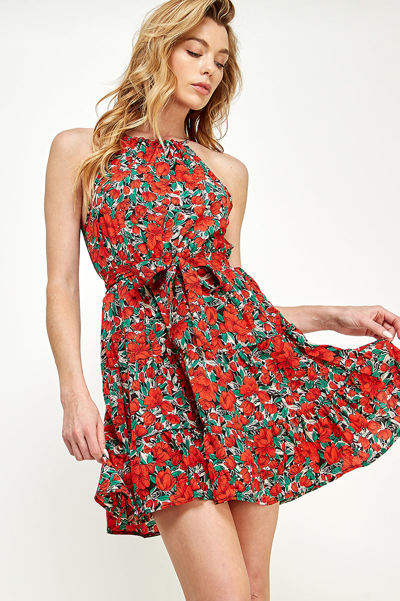 SD0165-1pc-WOVEN FLORAL TIE WAIST HALTER MINI DRESS-$15 (Display Sample)