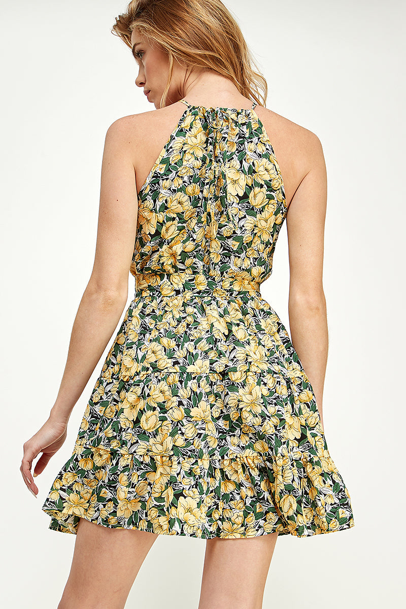 SD0165-1pc-WOVEN FLORAL TIE WAIST HALTER MINI DRESS-$15 (Display Sample)