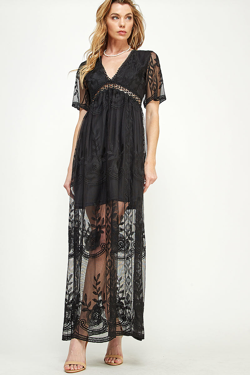 SD0204-1PC-LACE SHORT SLEEVE V-NECK MAXI DRESS-$22 (Sample for Display)