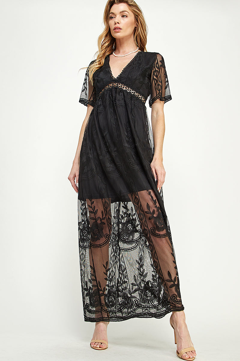 SD0204-1PC-LACE SHORT SLEEVE V-NECK MAXI DRESS-$22 (Sample for Display)