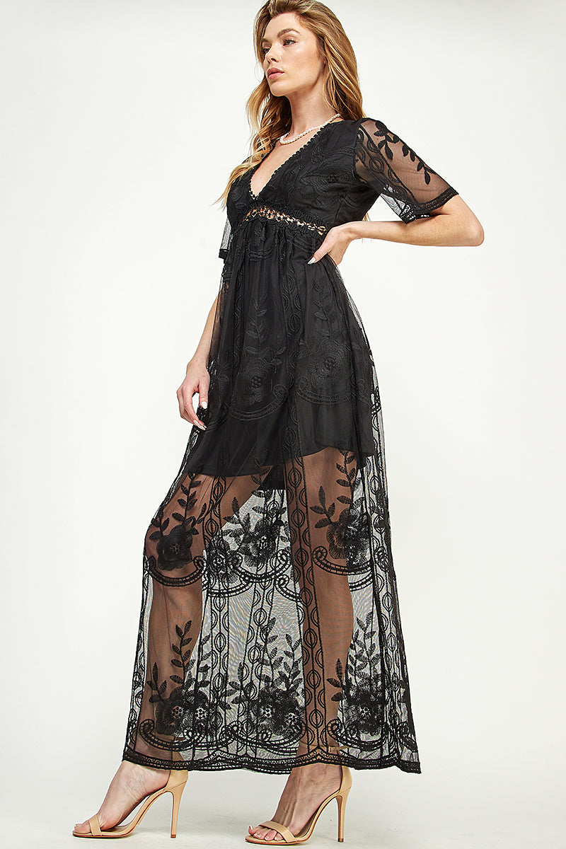 SD0204-1PC-LACE SHORT SLEEVE V-NECK MAXI DRESS-$22 (Sample for Display)