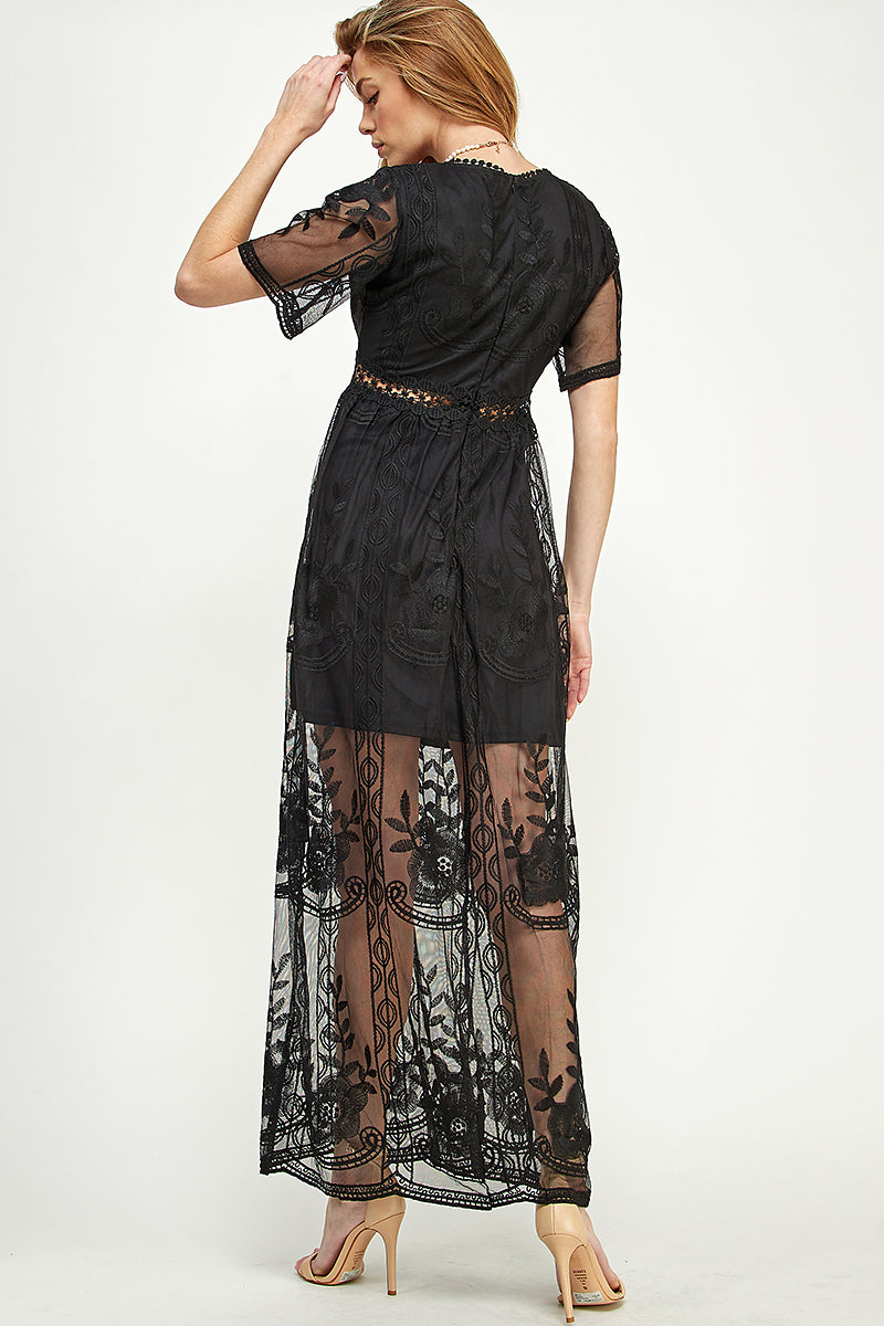 SD0204-1PC-LACE SHORT SLEEVE V-NECK MAXI DRESS-$22 (Sample for Display)
