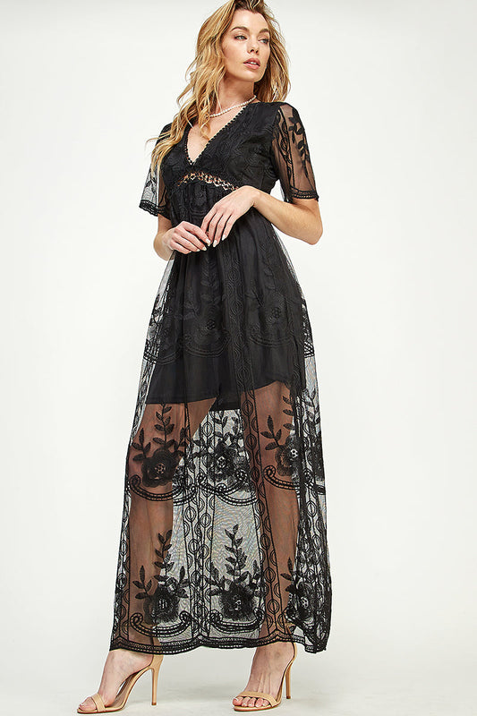 SD0204-1PC-LACE SHORT SLEEVE V-NECK MAXI DRESS-$22 (Sample for Display)