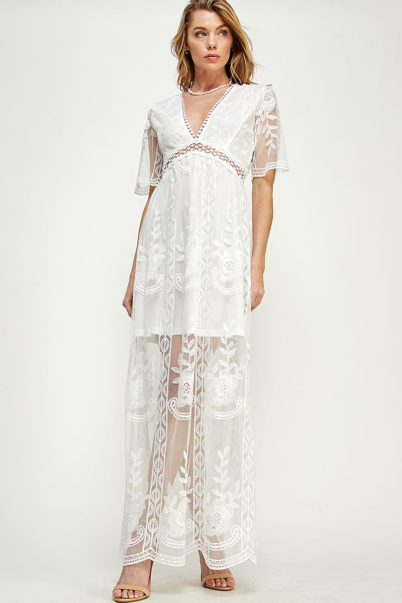 SD0204-1PC-LACE SHORT SLEEVE V-NECK MAXI DRESS-$22 (Sample for Display)