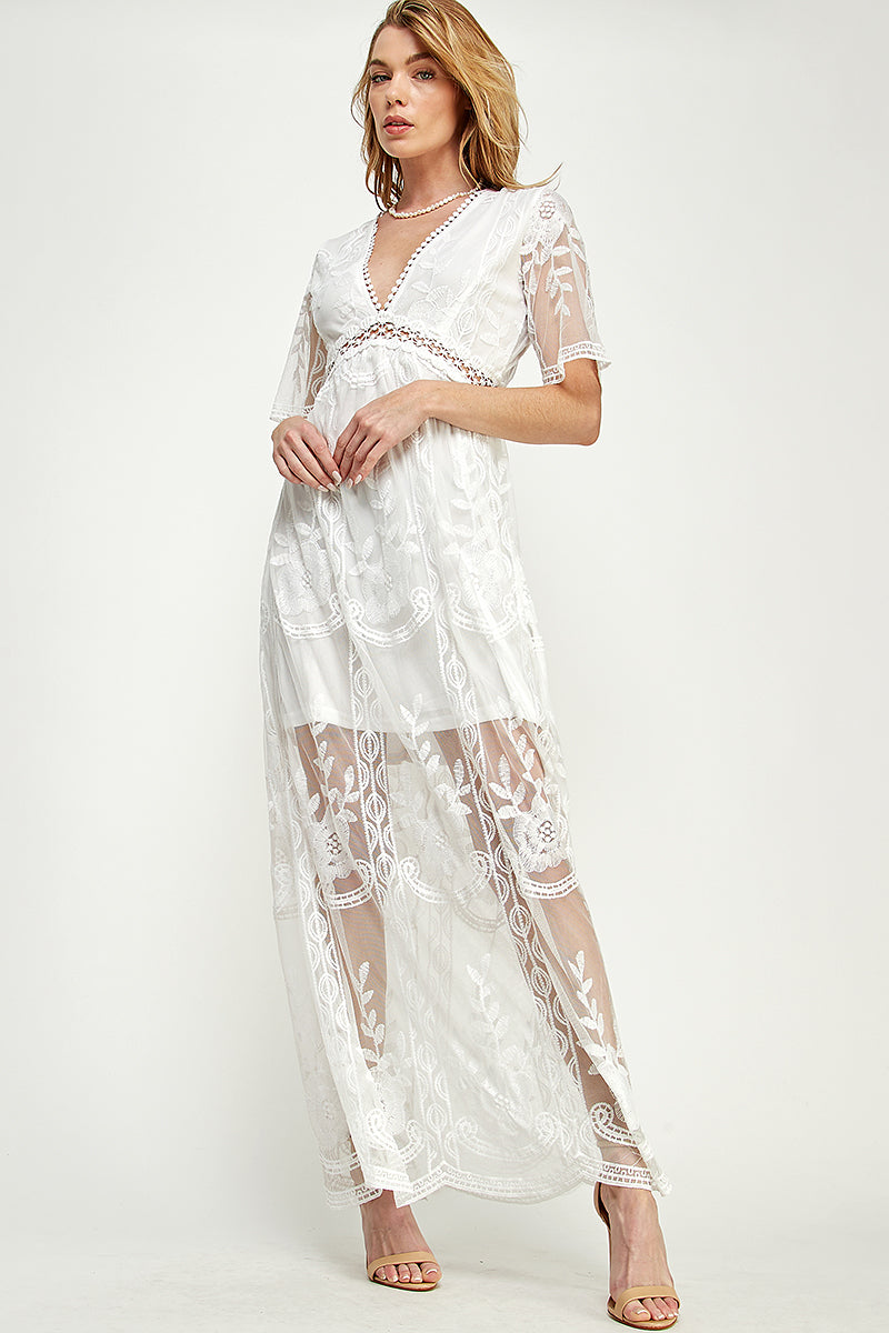 SD0204-1PC-LACE SHORT SLEEVE V-NECK MAXI DRESS-$22 (Sample for Display)
