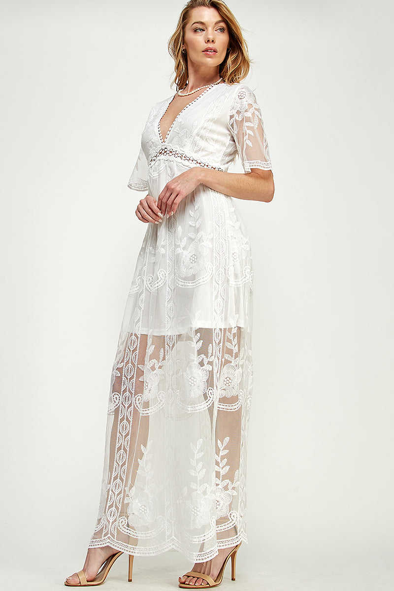 SD0204-1PC-LACE SHORT SLEEVE V-NECK MAXI DRESS-$22 (Sample for Display)