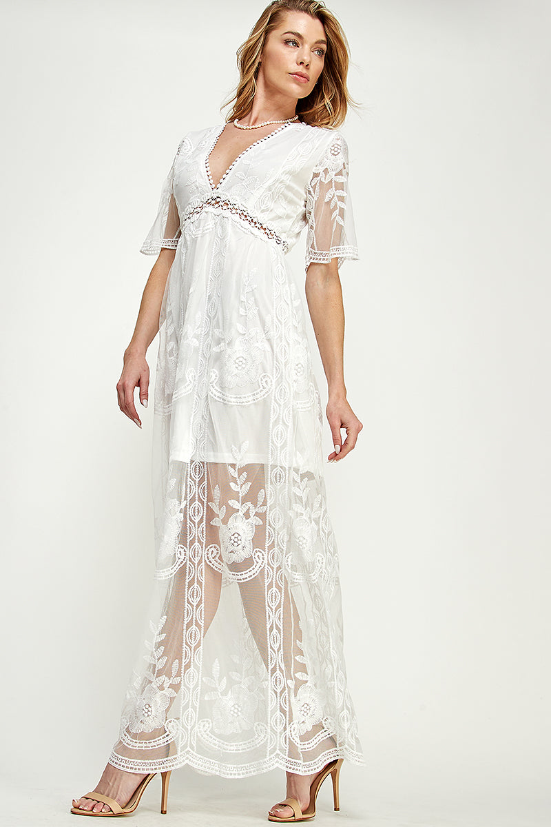 SD0204-1PC-LACE SHORT SLEEVE V-NECK MAXI DRESS-$22 (Sample for Display)
