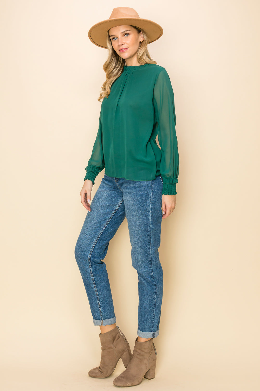 ST0138 PK3 Frilled Neck Shirred Cuff Blouse | Burzip Inc #ST0138-PK3