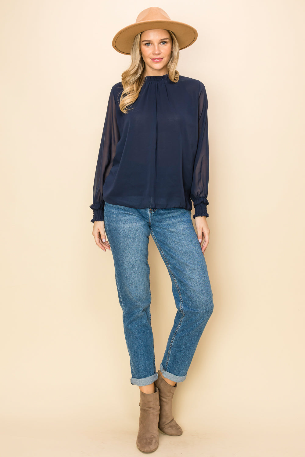 ST0138 PK3 Frilled Neck Shirred Cuff Blouse | Burzip Inc #ST0138-PK3
