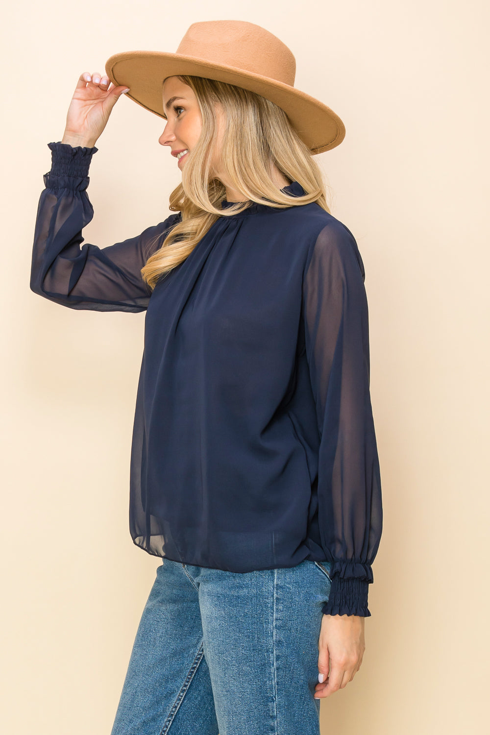 ST0138-1PC-FRILLED NECK SHIRRED CUFF BLOUSE-$15 (Display Sample)