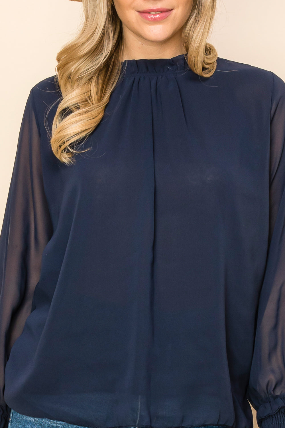 ST0138-1PC-FRILLED NECK SHIRRED CUFF BLOUSE-$15 (Display Sample)