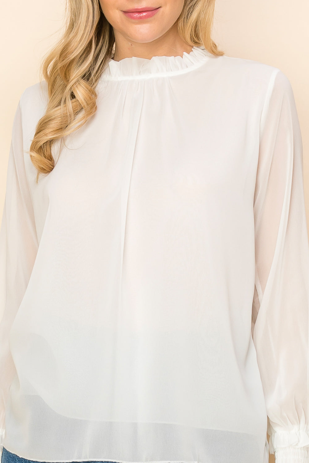 ST0138 PK3 Frilled Neck Shirred Cuff Blouse | Burzip Inc #ST0138-PK3