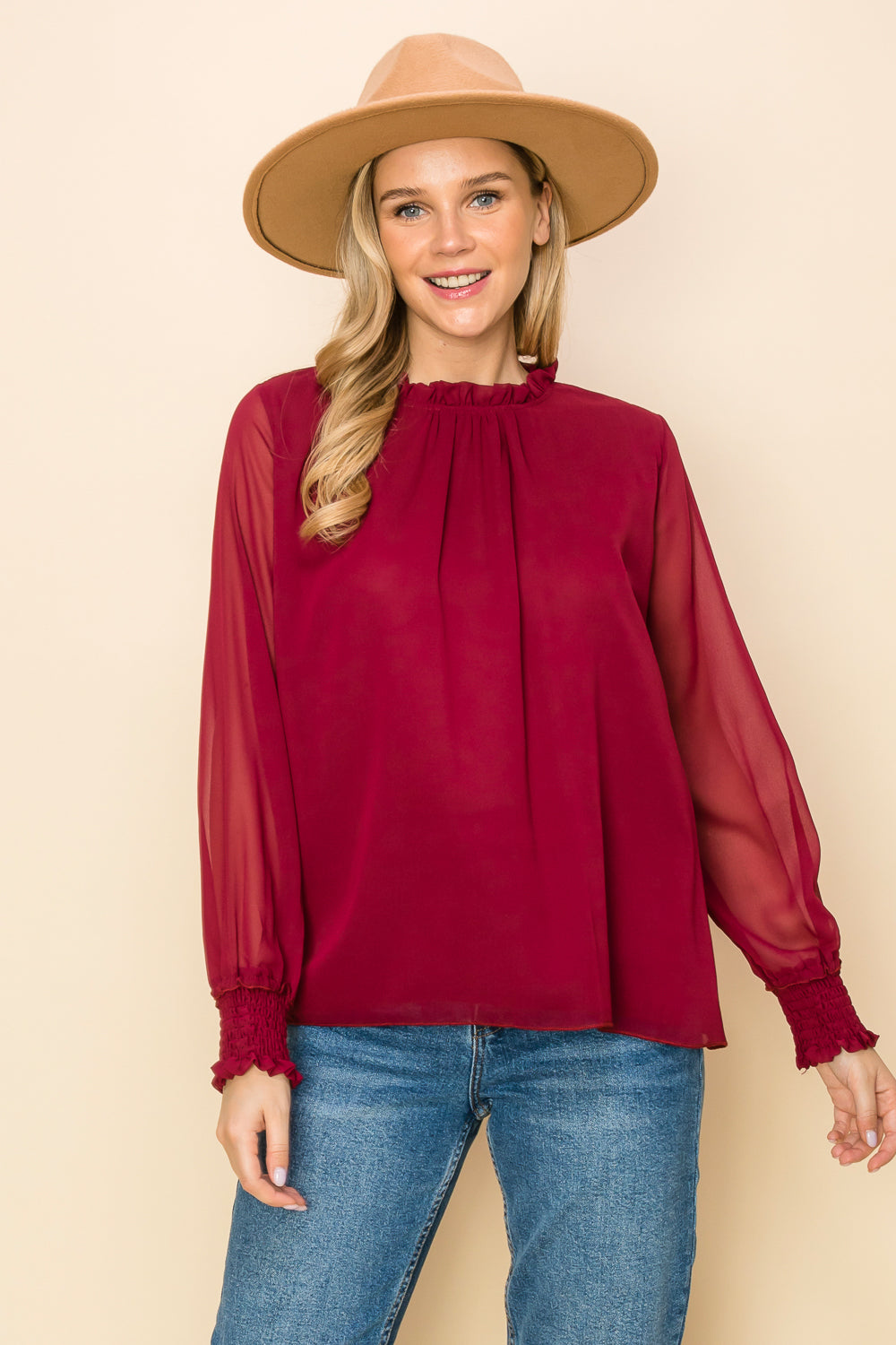 ST0138 PK3 Frilled Neck Shirred Cuff Blouse | Burzip Inc #ST0138-PK3