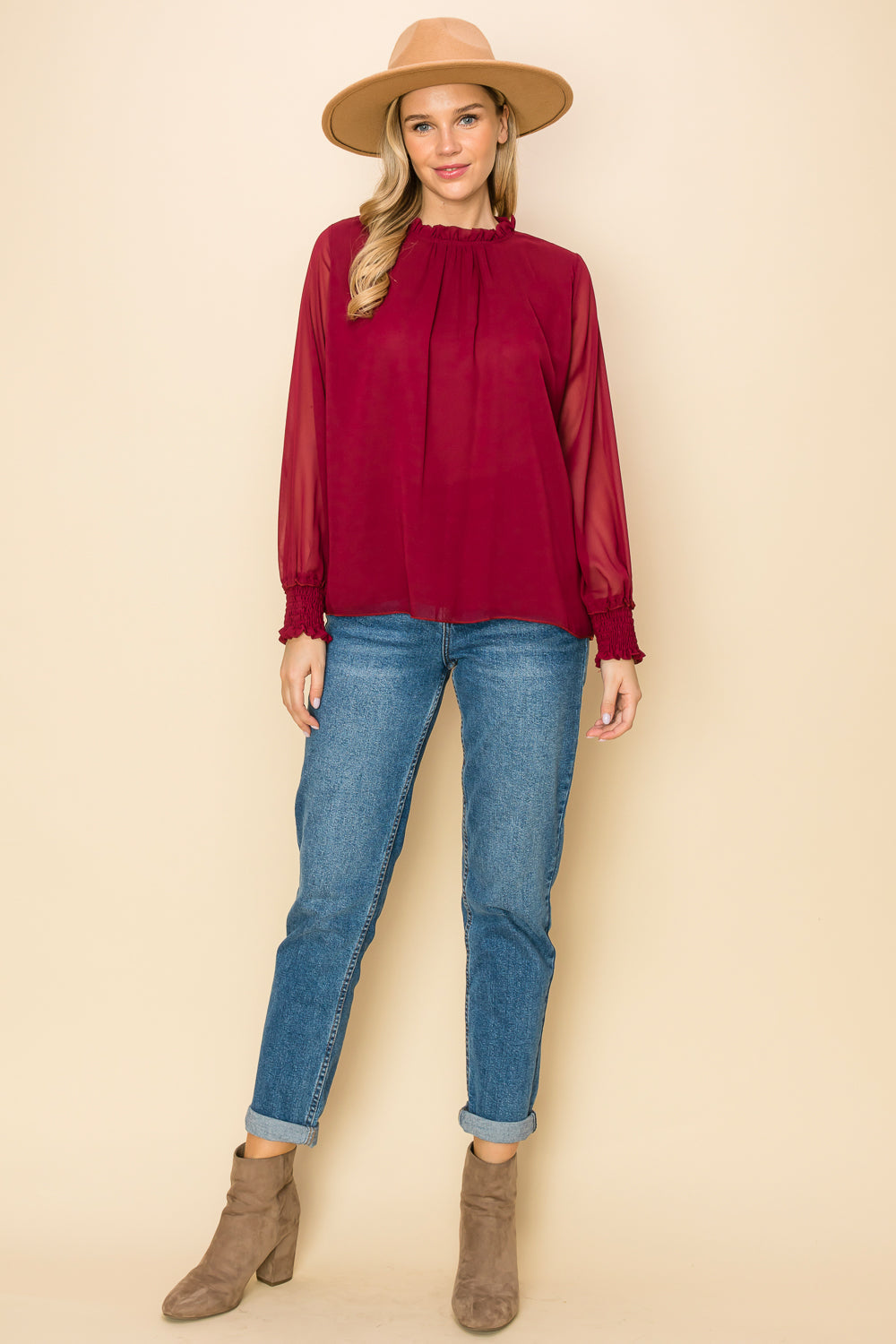 ST0138 PK3 Frilled Neck Shirred Cuff Blouse | Burzip Inc #ST0138-PK3