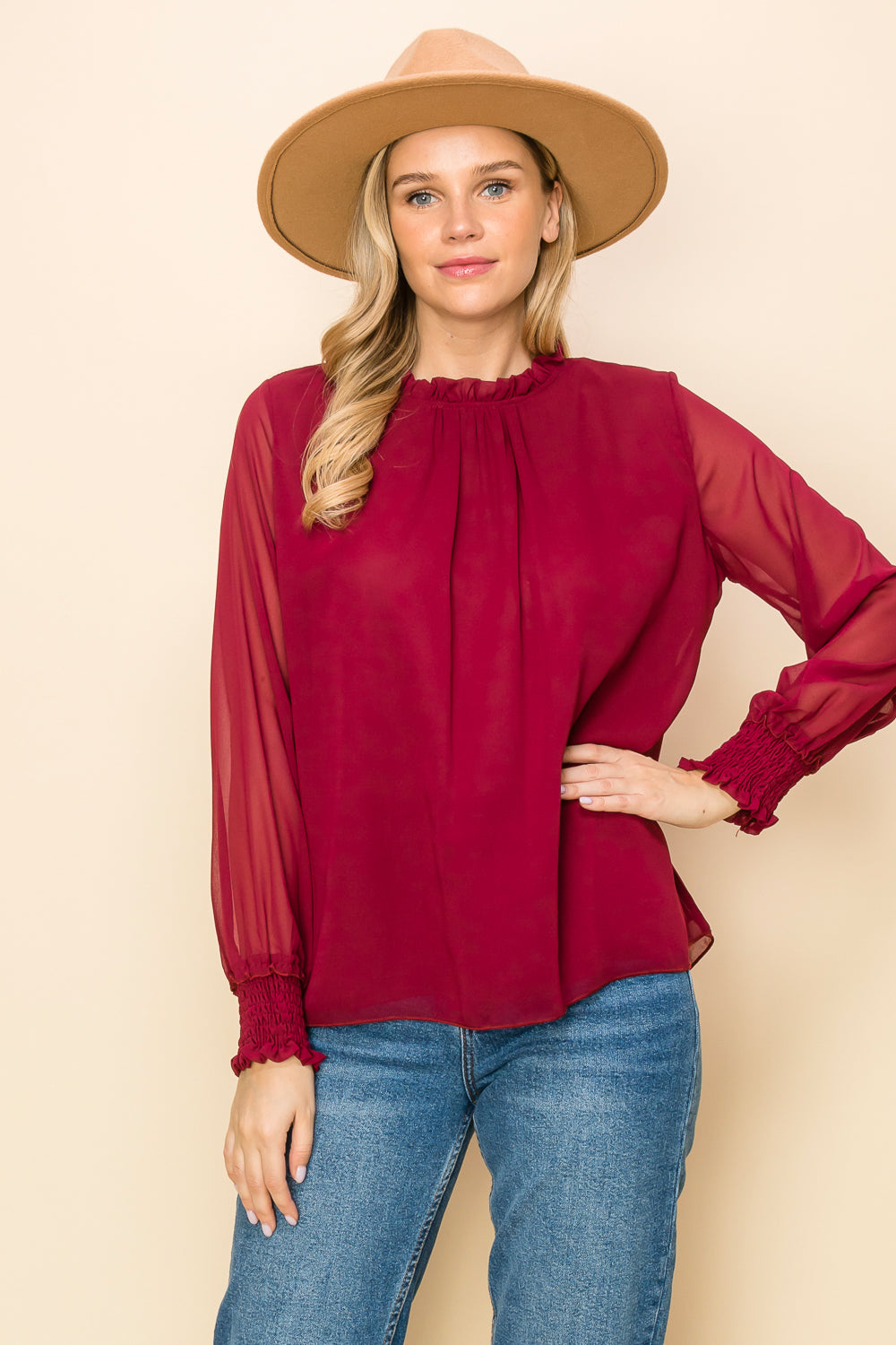 ST0138-1PC-FRILLED NECK SHIRRED CUFF BLOUSE-$15 (Display Sample)