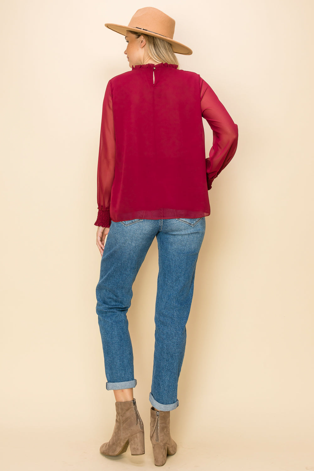 ST0138 PK3 Frilled Neck Shirred Cuff Blouse | Burzip Inc #ST0138-PK3