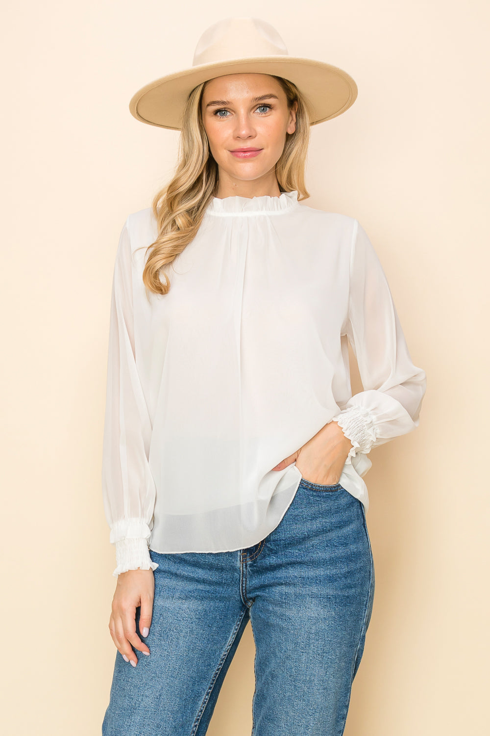 ST0138 PK3 Frilled Neck Shirred Cuff Blouse | Burzip Inc #ST0138-PK3