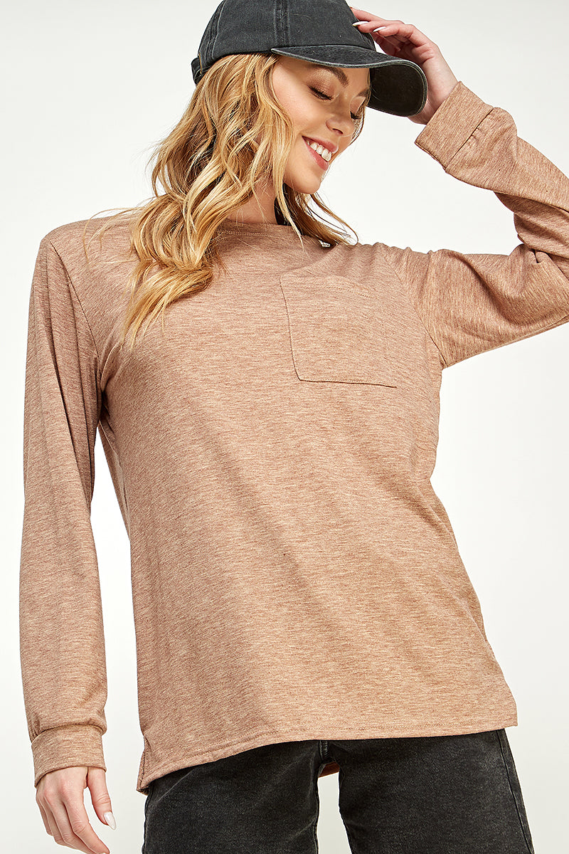 ST0189-1pc-LONG SLEEVE ROUND NECK WITH POCKET SIDE TOPS-$18 (Sample For Display)