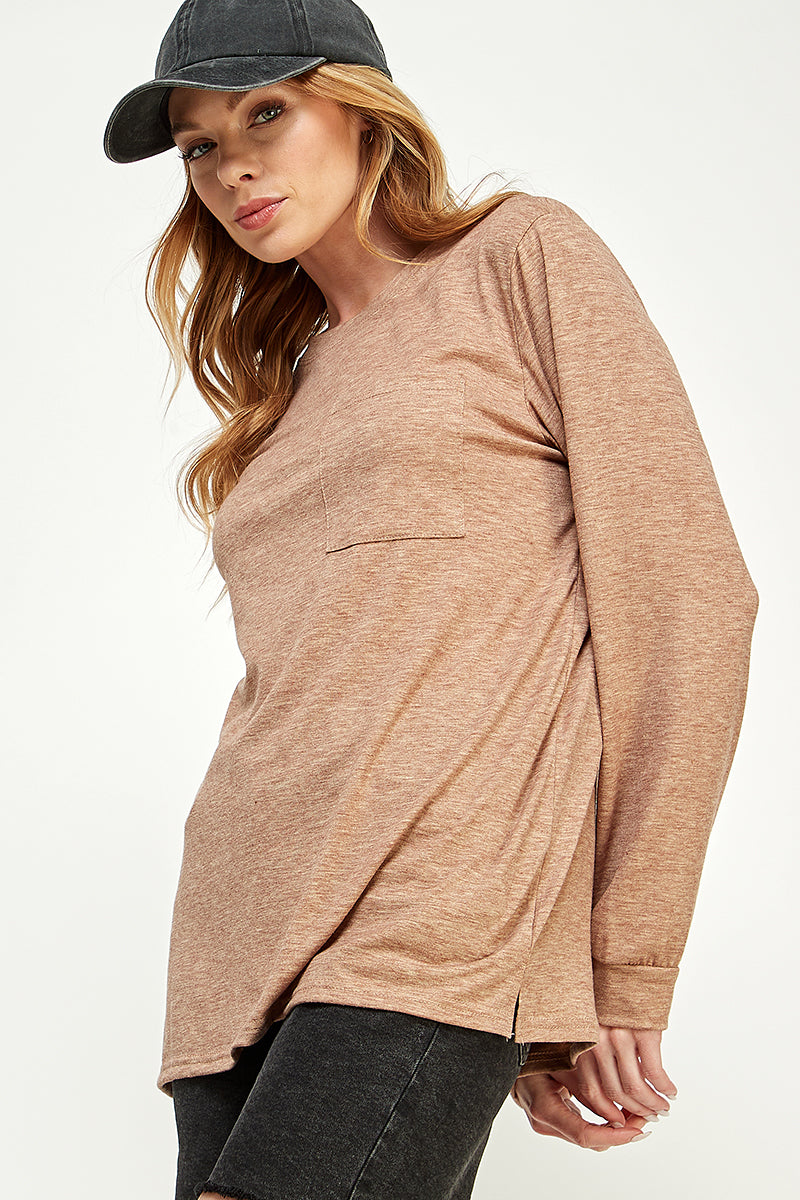 ST0189-1pc-LONG SLEEVE ROUND NECK WITH POCKET SIDE TOPS-$18 (Sample For Display)