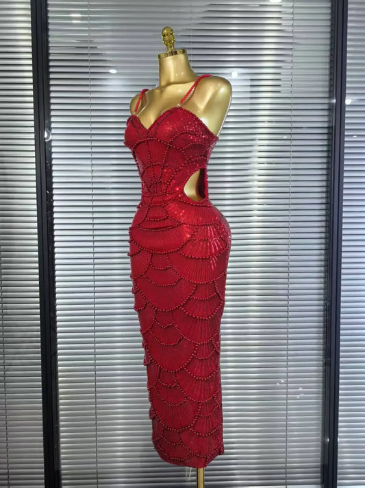 Pearl Beaded Christmas Dress | Sleeveless Bodycon Party Gown - Femstylo