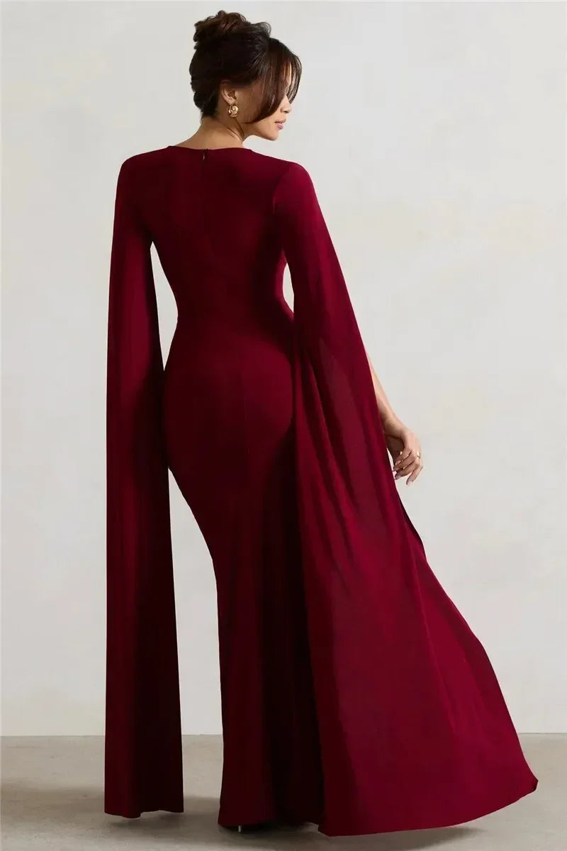 Mozision Long Cape Sleeve Split Maxi Dress For Women Gown Fashion Solid Square Collar Evening Sexy Long Dress Elegant New