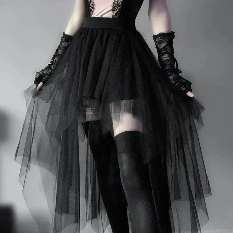 Casual Skirts Punk Sexy Net Yarn High-Waisted Irregular Skirt for Women Summer New European and American Gothic Style Versatile