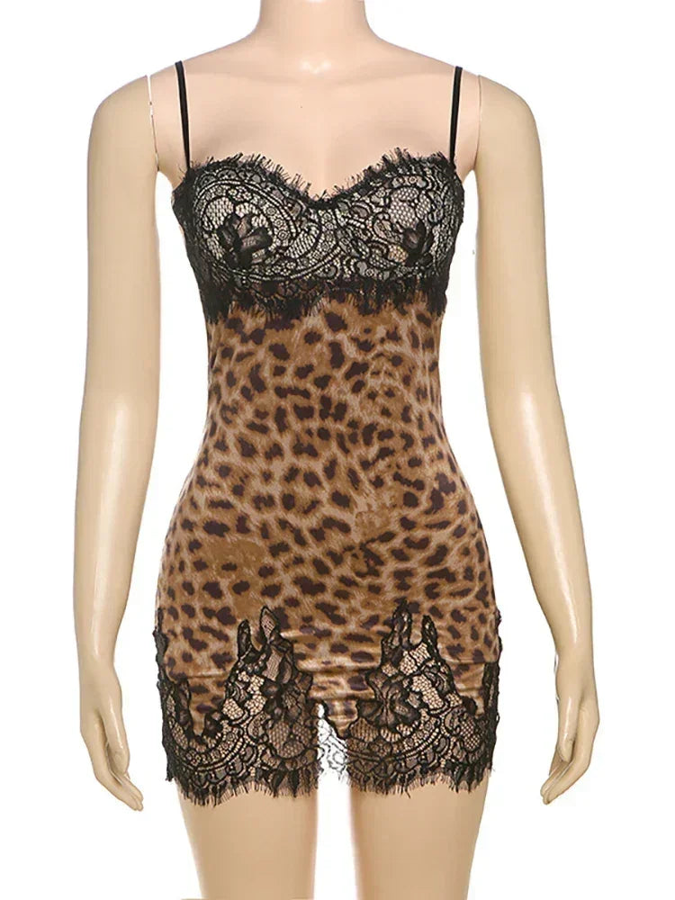 JULISSA MO Patchwork Printed Leopard Lace Women Mini Dress Spaghetti Strap High Waist Dress Summer Slim Elegant Party Club Dress