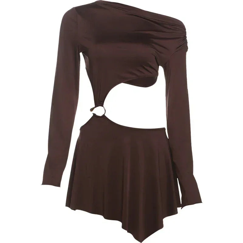 Whatiwear Hollow Waistless Dress Women Skew Collar Off Shoulder Full Sleeve Rings Patchwork Ruched Elegant Fashion Mini Bodycon