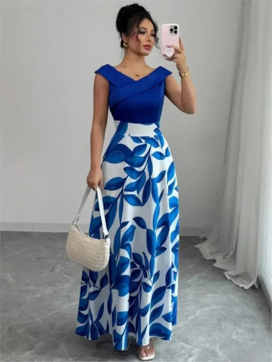 Elegant Short-sleeved Dress For Women Spring Summer Fashion Printing Waist-tightening Patchwork Loose Casual Dresses Female