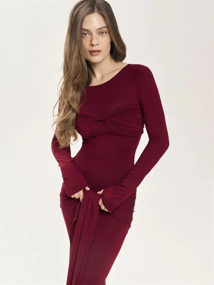 Tossy Female Pleated Sexy Maxi Dress Patchwork Twist Slim Long Sleeve Solid Y2k Autumn Streetwear Dress Women's Bodycon Dress