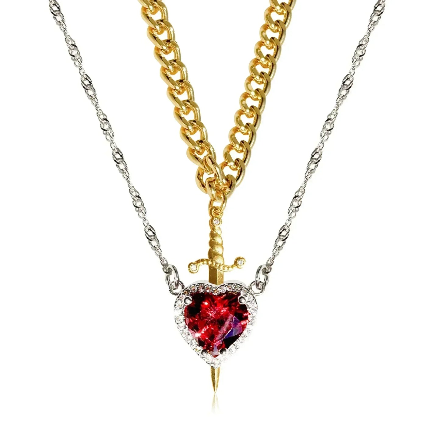 Heart and Sword Necklace Set of 2 - 18K Gold Plated STAINLESS STEEL Crystal Couple Necklaces for Women Men Boyfriend Girlfriend