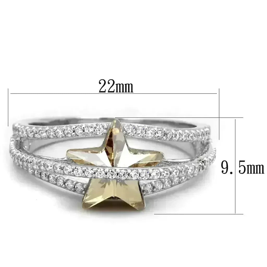 TS315 Rhodium Sterling Silver Ring – Citrine Yellow Crystal Statement Piece