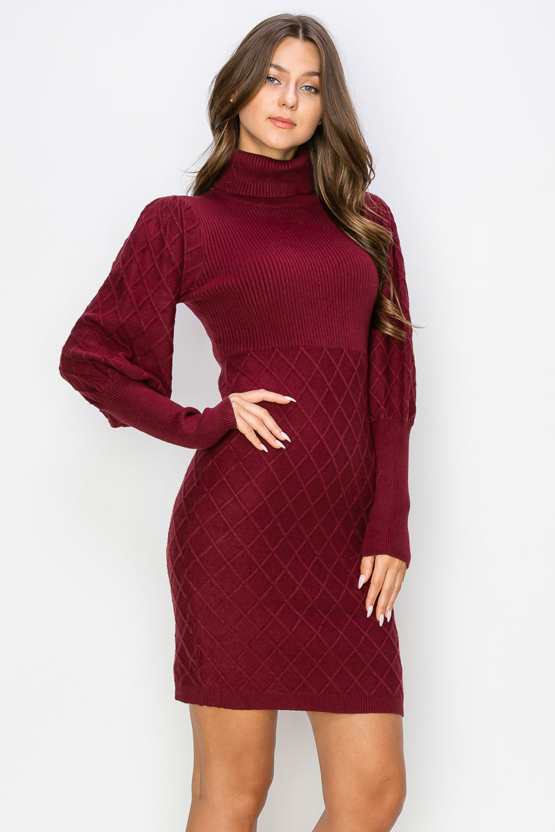 WD0020 PK4 Diamond Patterned Turtle Neck Sweater Dress | Burzip Inc #WD0020-PK4