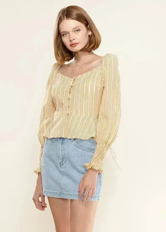 Smocked Cuff Button Front Peplum Blouse in Yellow | Femstylo