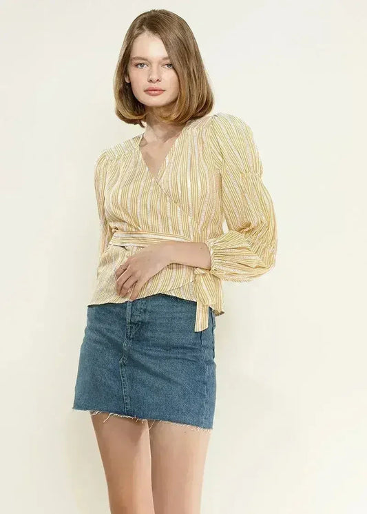 Smocked Sleeve Stripe Wrap V-Neck Blouse in Yellow | Femstylo