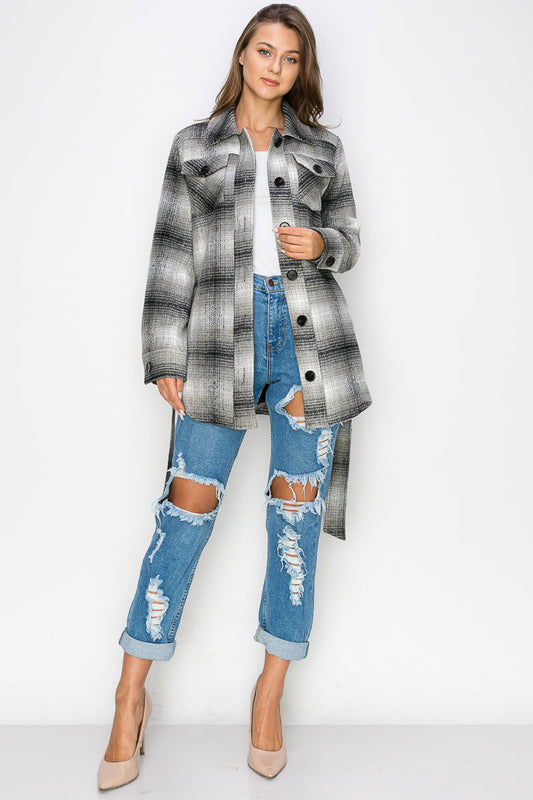 WK0019-PLAID JACKET WITH BELT/